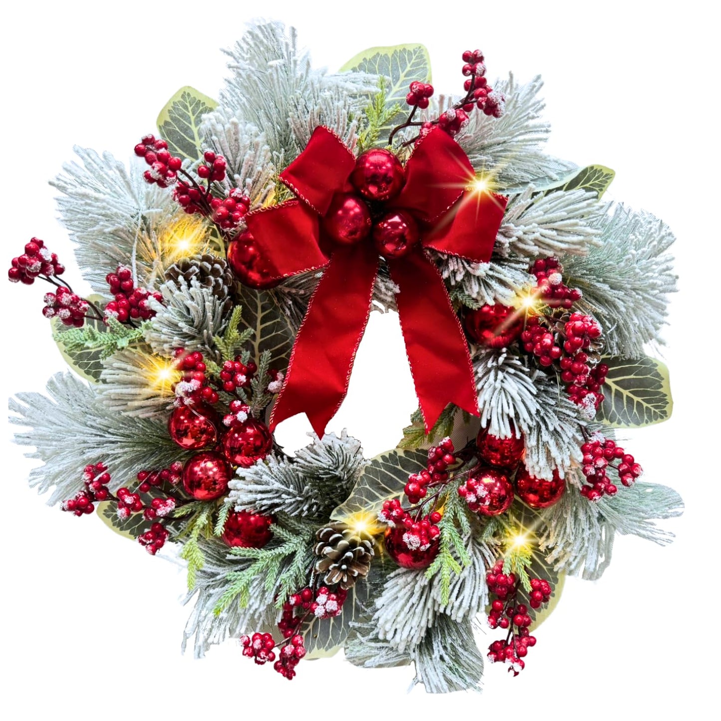 Svndlyn 22 Inch Lighted Snow Flocked Christmas Wreath with Red Bow Ball Ornaments PineCones Berries Holiday Hanging Decoration for Door, Wall, Mantel