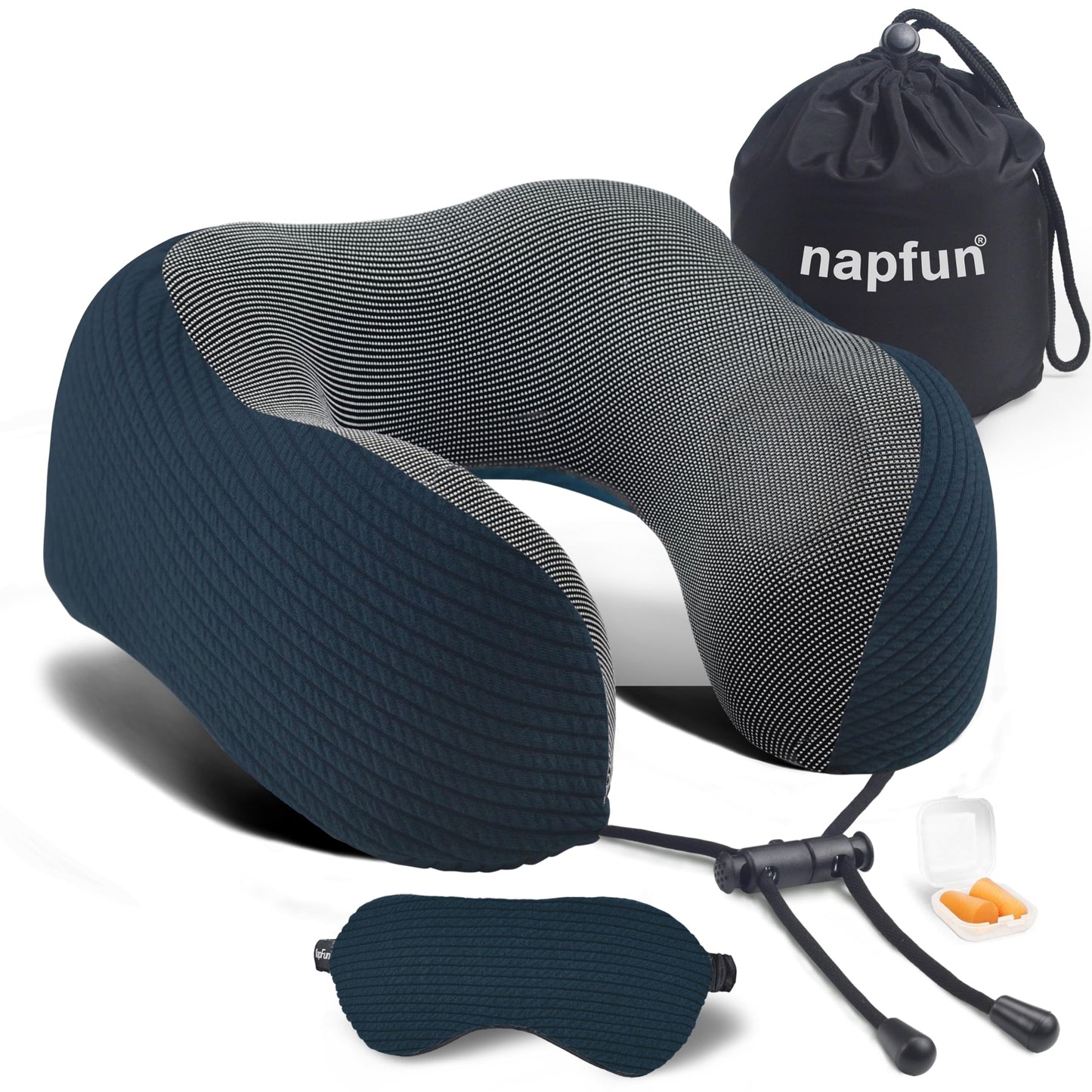 napfun Neck Pillow for Traveling, Upgraded Travel Neck Pillow for Airplane 100% Pure Memory Foam Travel Pillow for Flight Headrest Sleep, Portable Plane Accessories, Deep Blue Set, Medium (120-200LB)