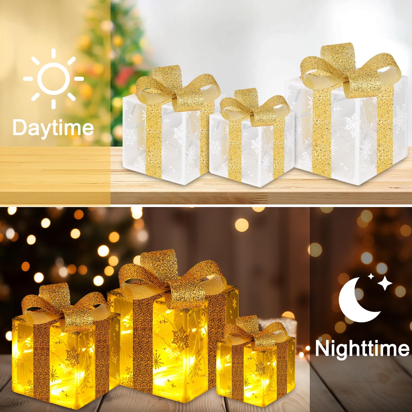 Vsasaㅤ 3-Piece Christmas Lighted Gift Boxes,with 50 LEDs, Foldable Transparent Snowflake Patterns Lighted Gift Boxes Christmas Decoration with Remote Control, Boxes Decorations