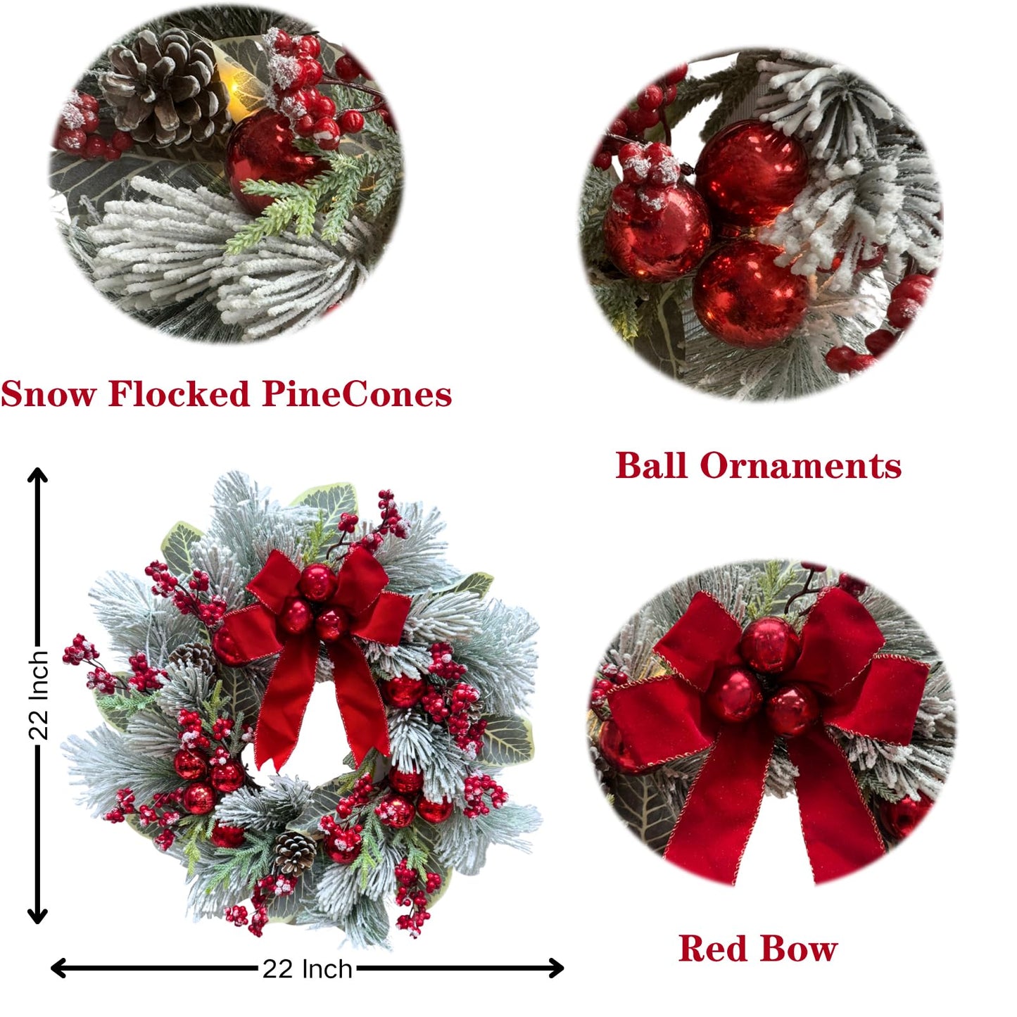 Svndlyn 22 Inch Lighted Snow Flocked Christmas Wreath with Red Bow Ball Ornaments PineCones Berries Holiday Hanging Decoration for Door, Wall, Mantel