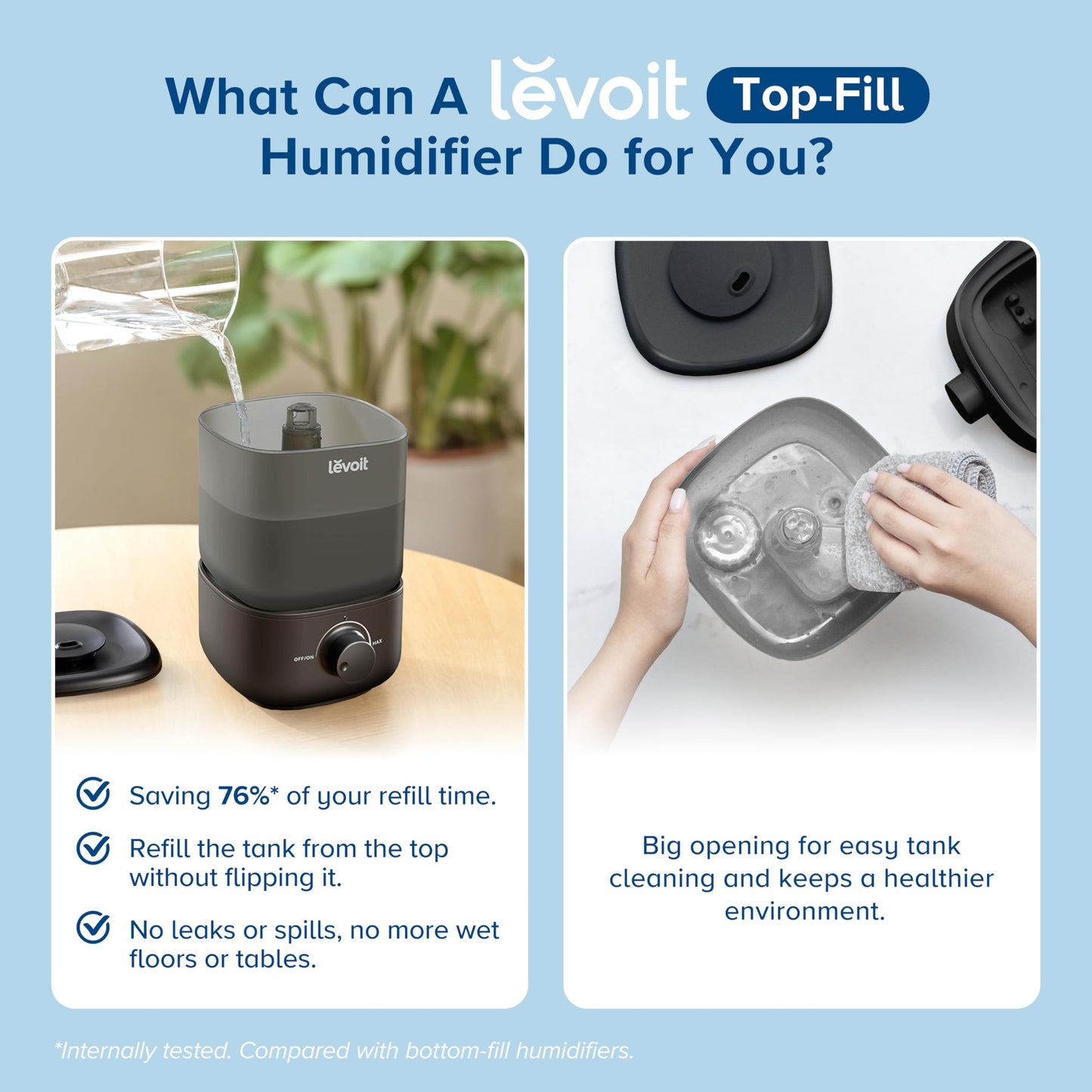 LEVOIT Top Fill Humidifiers for Bedroom, 2.5L Tank for Large Room, Easy to Fill & Clean, 28dB Quiet Cool Mist Air Humidifier for Home Baby Nursery & Plants, Auto Shut-off and BPA-Free for Safety, 25H