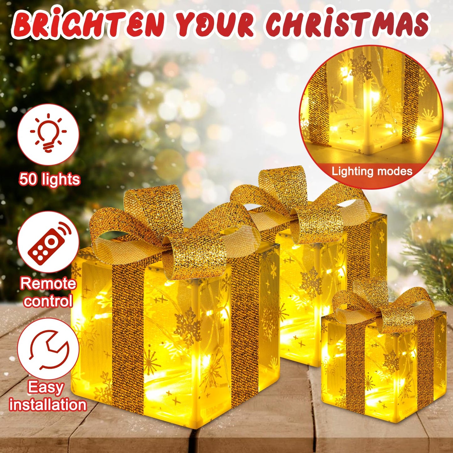 Vsasaㅤ 3-Piece Christmas Lighted Gift Boxes,with 50 LEDs, Foldable Transparent Snowflake Patterns Lighted Gift Boxes Christmas Decoration with Remote Control, Boxes Decorations