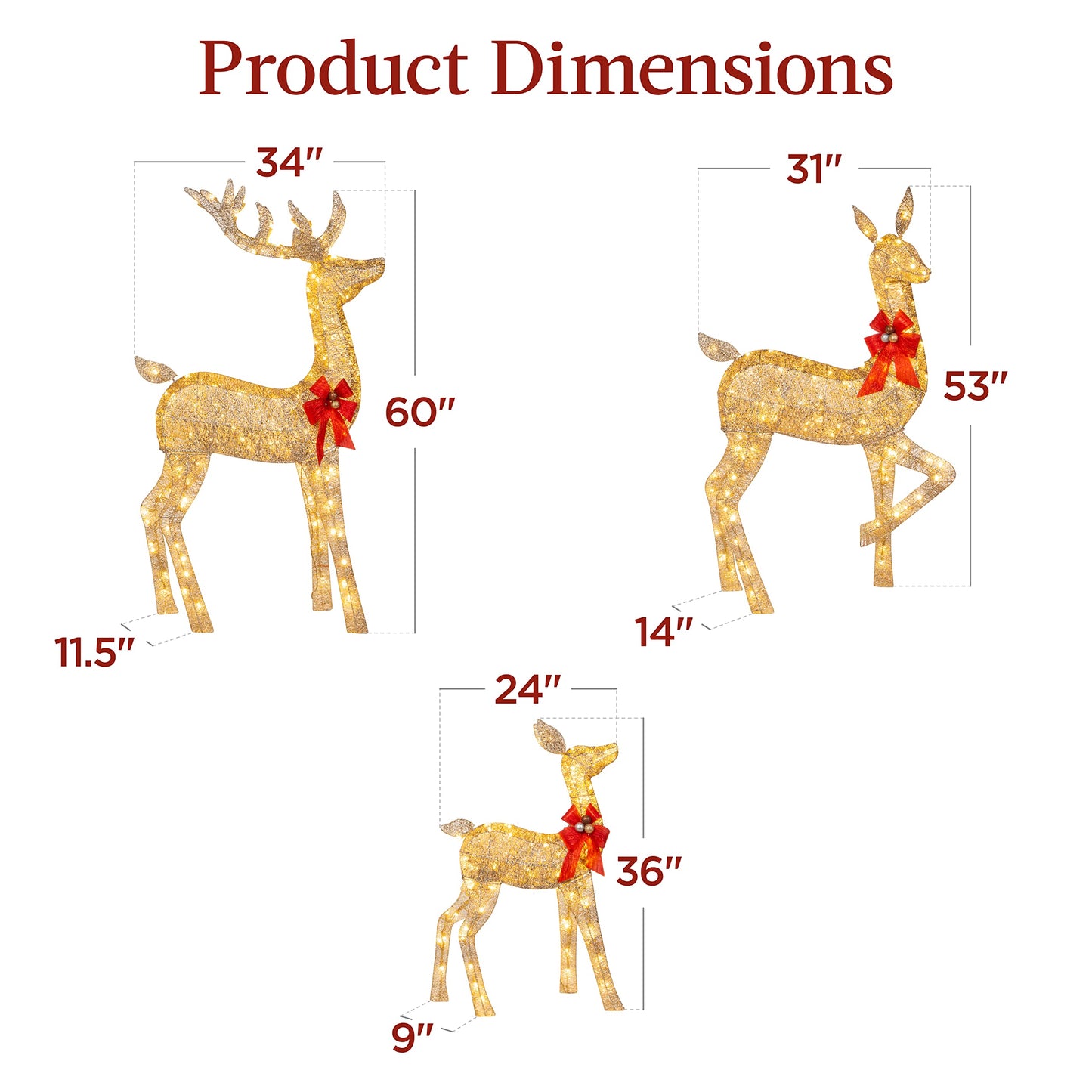 Best Choice Products 3-Piece Large Lighted Christmas Deer Family Set 5Ft Outdoor Yard Decoration with 360 LED Lights, Stakes, Zip Ties - Gold