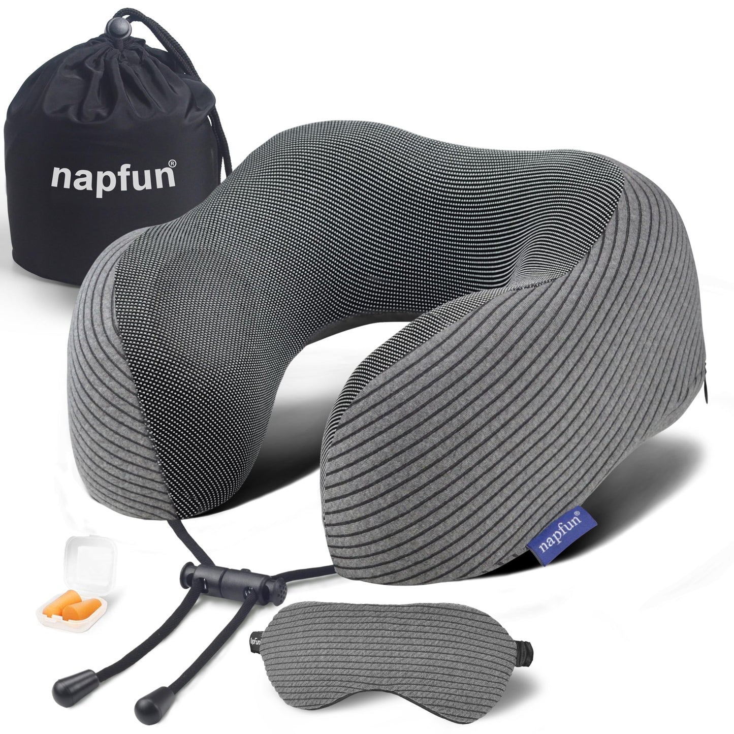 napfun Neck Pillow for Traveling, Upgraded Travel Neck Pillow for Airplane 100% Pure Memory Foam Travel Pillow for Flight Headrest Sleep, Portable Plane Accessories, Deep Blue Set, Medium (120-200LB)