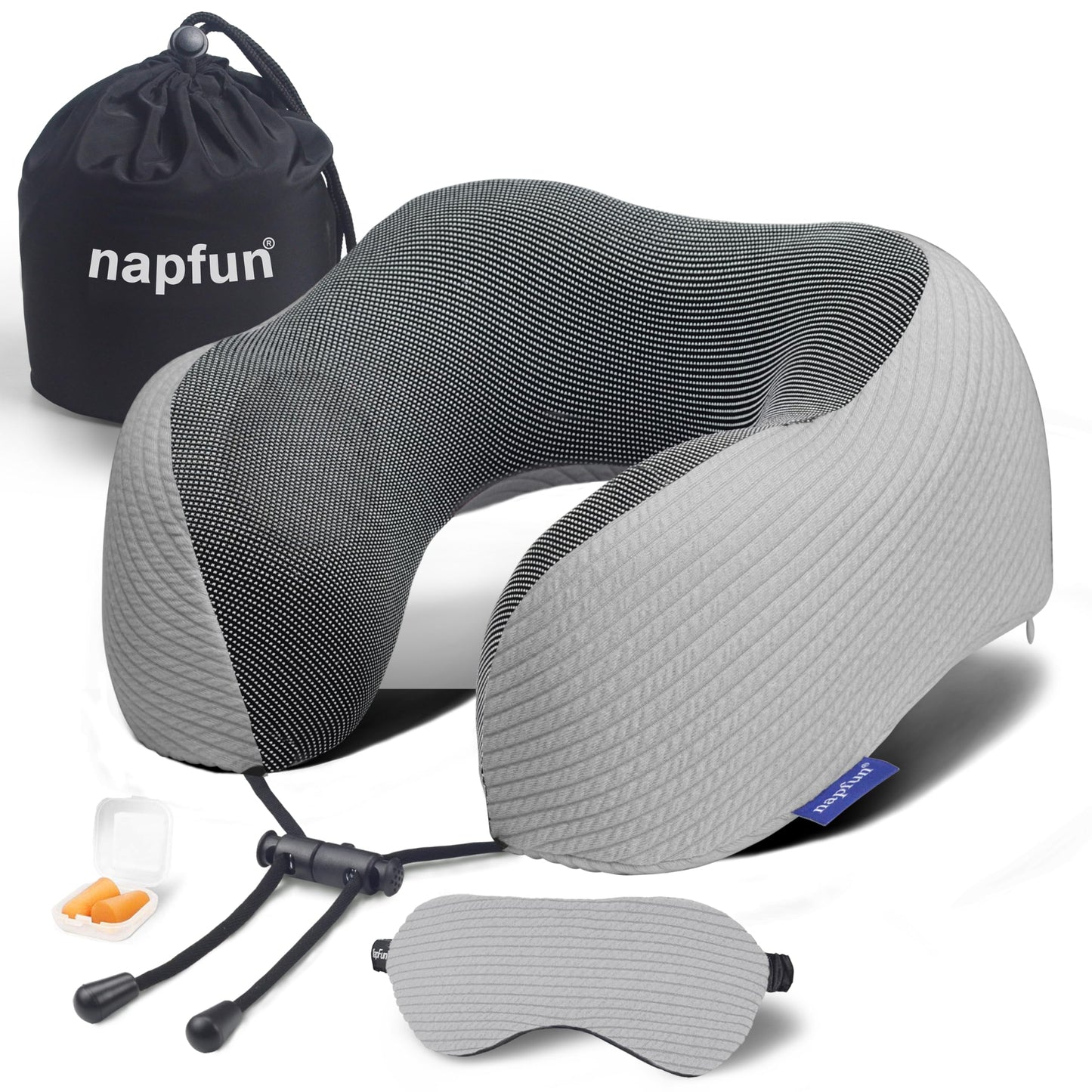 napfun Neck Pillow for Traveling, Upgraded Travel Neck Pillow for Airplane 100% Pure Memory Foam Travel Pillow for Flight Headrest Sleep, Portable Plane Accessories, Deep Blue Set, Medium (120-200LB)