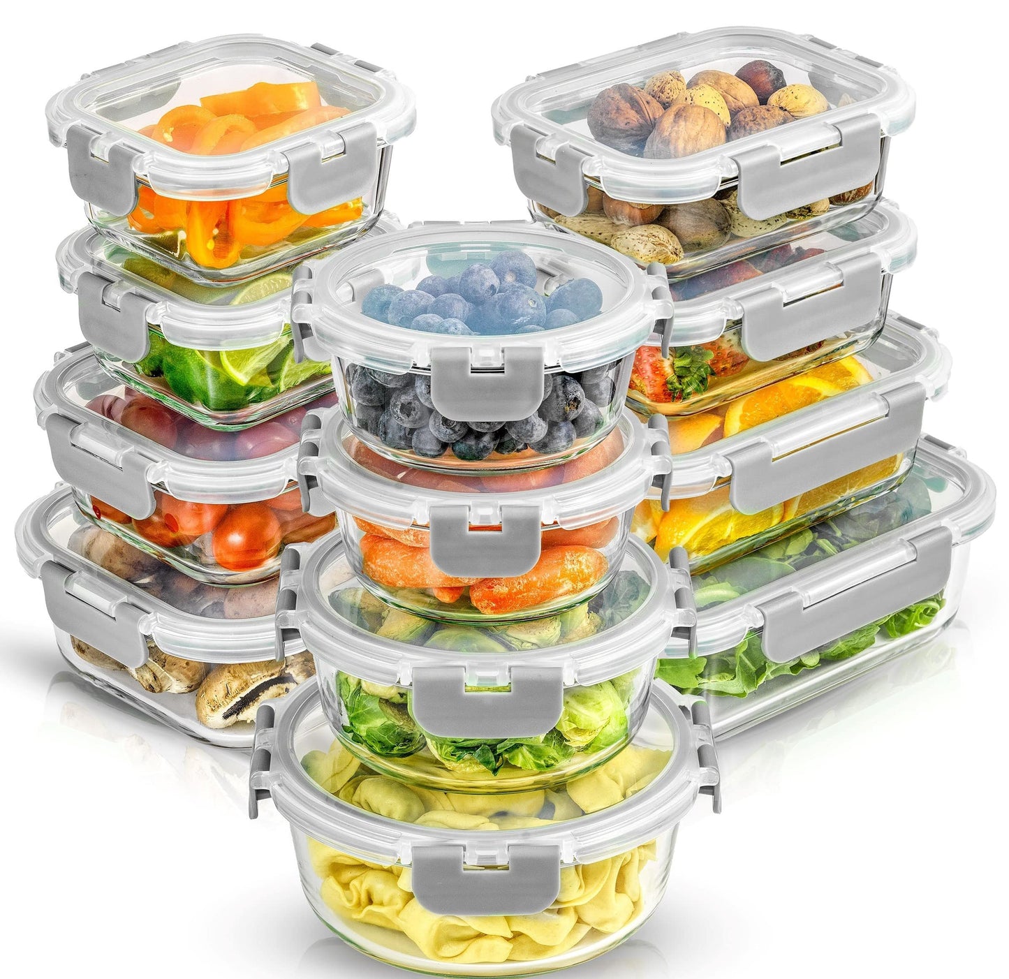 JoyJolt JoyFul 24pc(12 Airtight, Freezer Safe Food Storage Containers and 12 Lids), Pantry Kitchen Storage Containers, Glass Meal Prep Container for Lunch, Glass Storage Containers with Lids