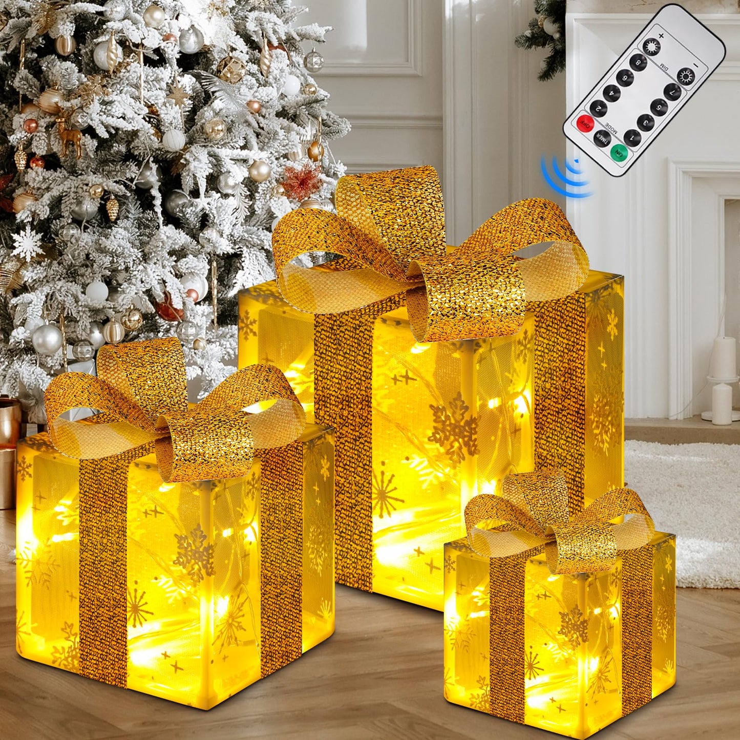 Vsasaㅤ 3-Piece Christmas Lighted Gift Boxes,with 50 LEDs, Foldable Transparent Snowflake Patterns Lighted Gift Boxes Christmas Decoration with Remote Control, Boxes Decorations