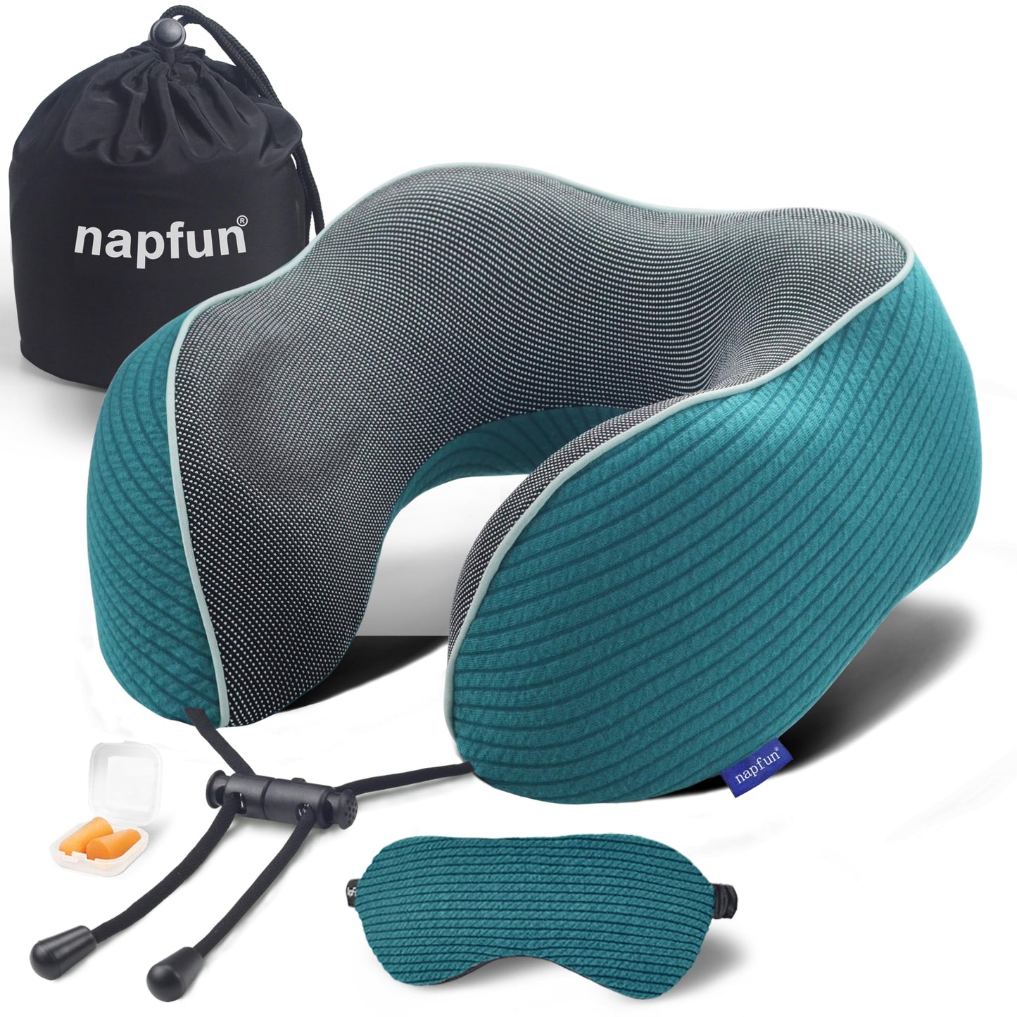 napfun Neck Pillow for Traveling, Upgraded Travel Neck Pillow for Airplane 100% Pure Memory Foam Travel Pillow for Flight Headrest Sleep, Portable Plane Accessories, Deep Blue Set, Medium (120-200LB)