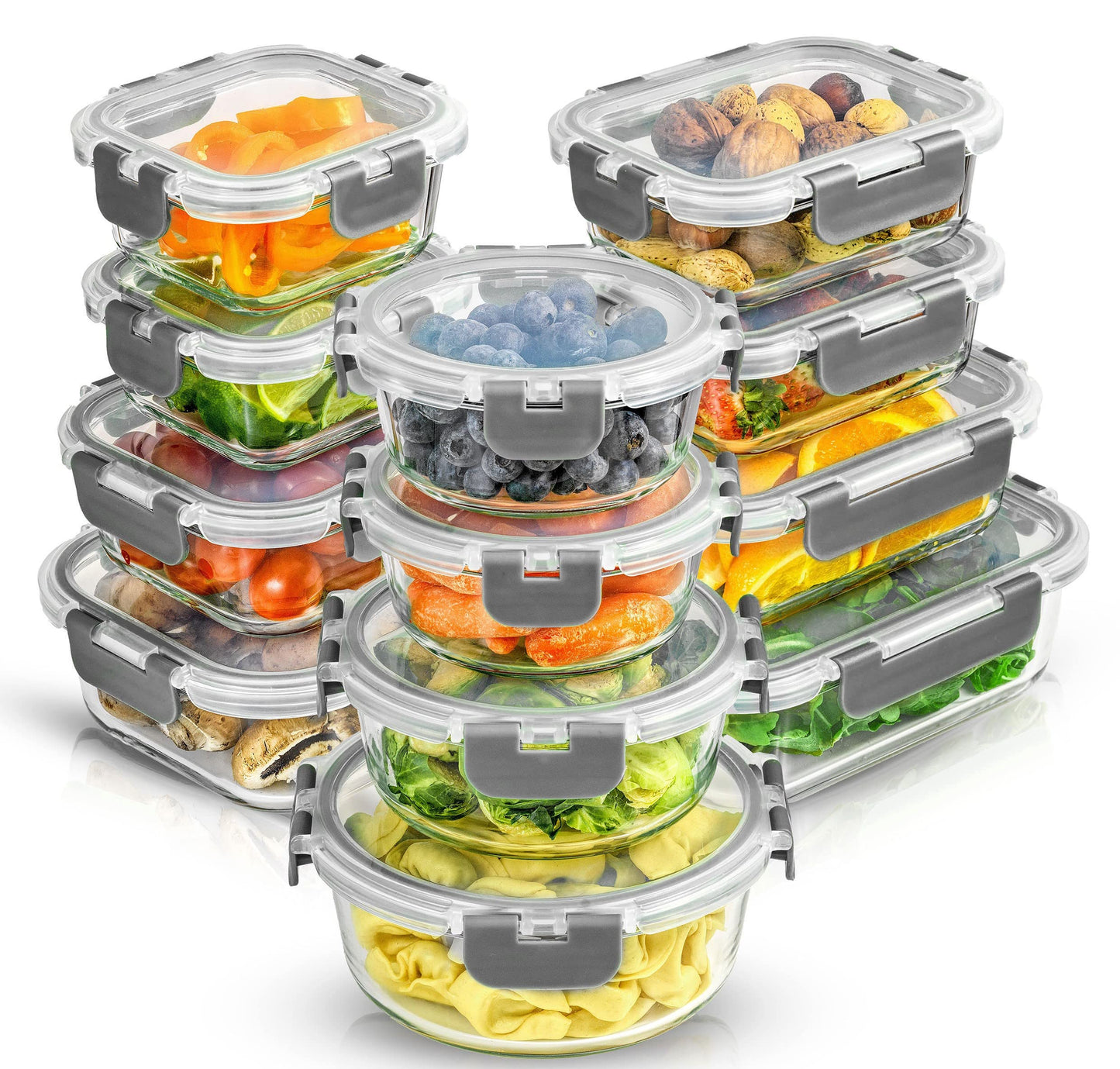 JoyJolt JoyFul 24pc(12 Airtight, Freezer Safe Food Storage Containers and 12 Lids), Pantry Kitchen Storage Containers, Glass Meal Prep Container for Lunch, Glass Storage Containers with Lids