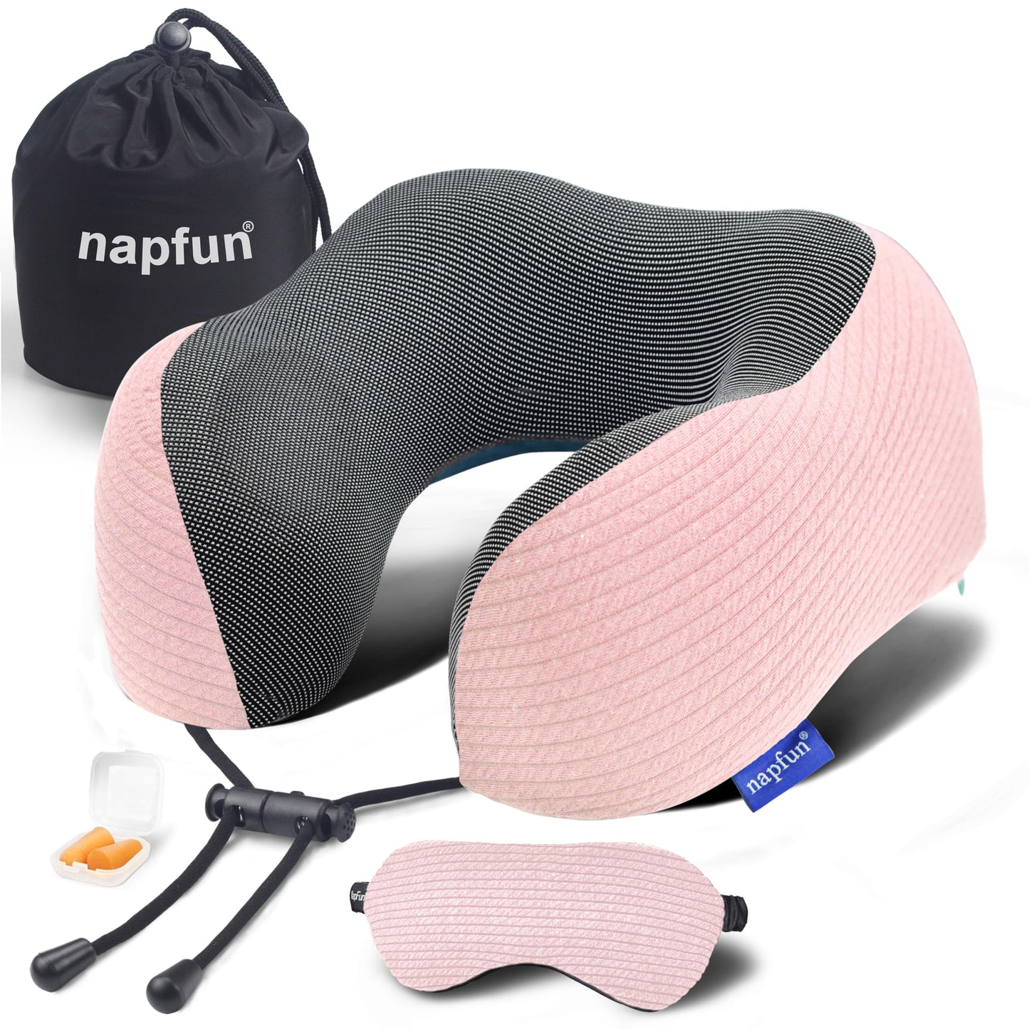 napfun Neck Pillow for Traveling, Upgraded Travel Neck Pillow for Airplane 100% Pure Memory Foam Travel Pillow for Flight Headrest Sleep, Portable Plane Accessories, Deep Blue Set, Medium (120-200LB)