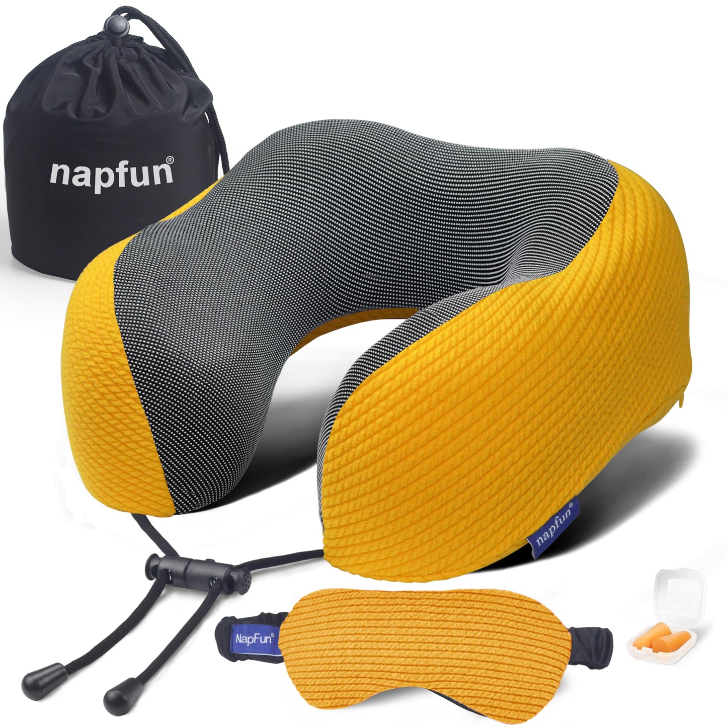 napfun Neck Pillow for Traveling, Upgraded Travel Neck Pillow for Airplane 100% Pure Memory Foam Travel Pillow for Flight Headrest Sleep, Portable Plane Accessories, Deep Blue Set, Medium (120-200LB)