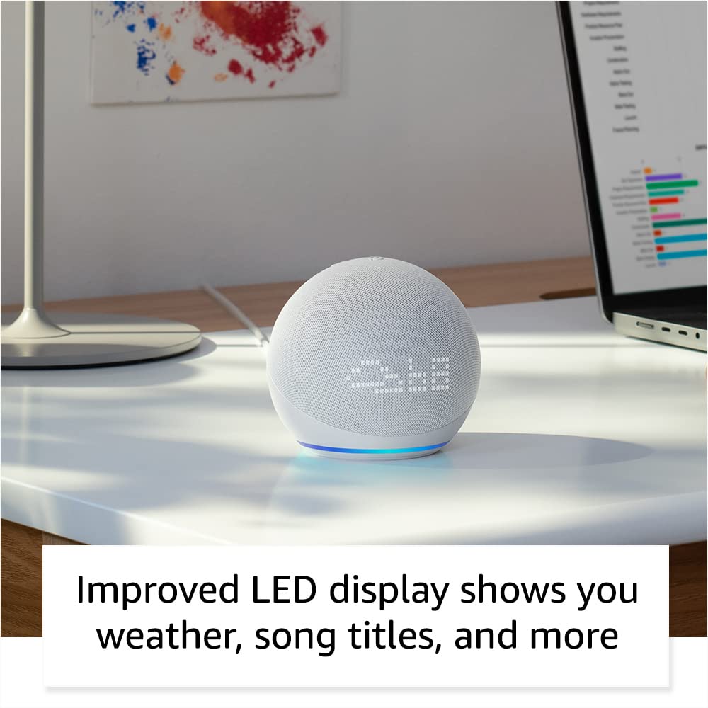 Amazon Echo Dot (4th Gen) with clock | Compact smart speaker with Alexa and enhanced LED display for at-a-glance clock, timers, weather, and more | Cloud Blue